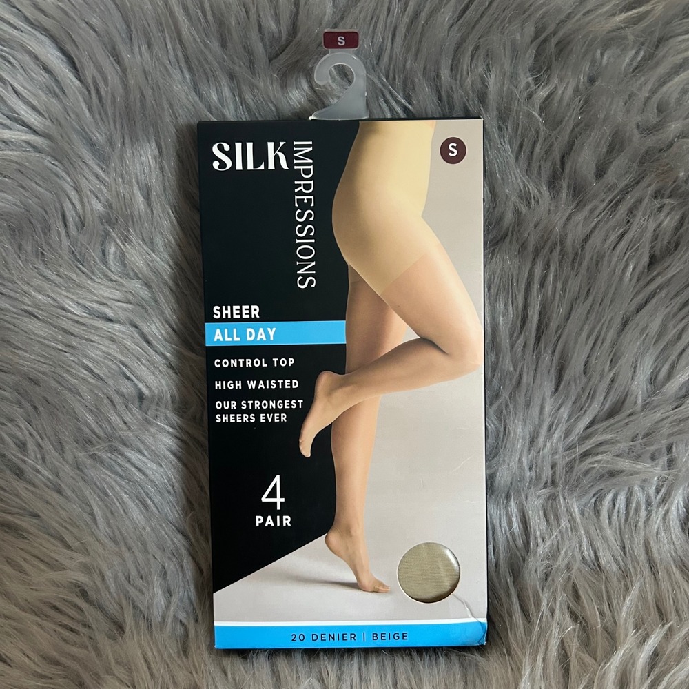 Silk Impressions Sheer Control Top Tights Women Size‎ Small Beige High Waisted